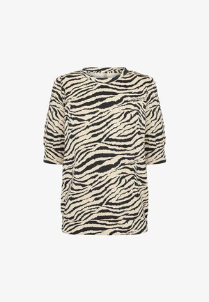 Lühikeste vahelööbetega beezist riidest topp, millel on musta zeebra triibuline muster, ümmargune kaelus ja lahtine lõige.