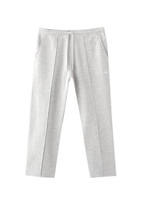 Light gray sweatpants made of soft fabric with an elastic waistband and drawstring, featuring side pockets and seam detailing.