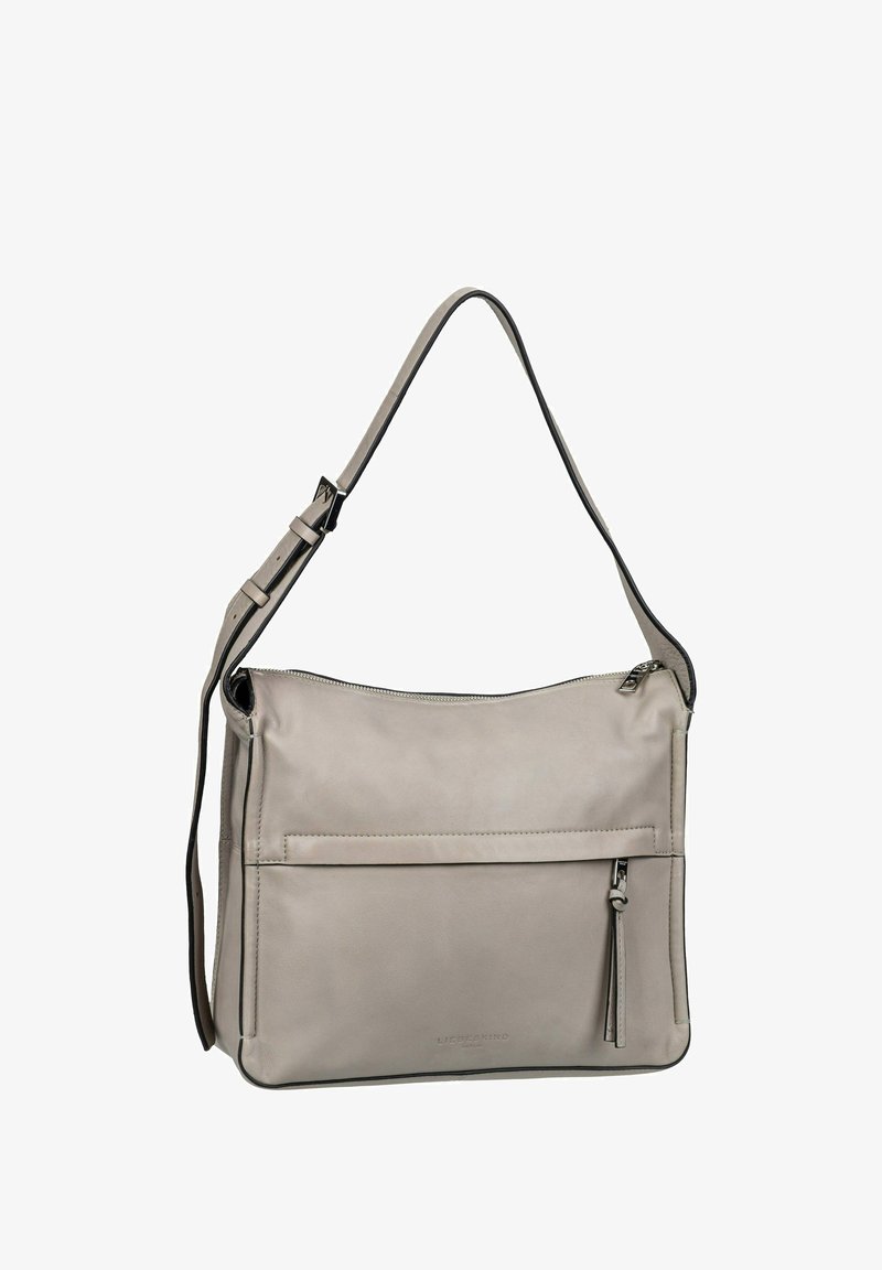 Szara skórzana torebka crossbody z regulowanym paskiem, zamkiem błyskawicznym na górze, przednią kieszenią i subtelną teksturowaną powierzchnią. Odpowiednia do codziennego użytku.