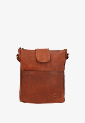 Borsa a tracolla in pelle marrone con pattina magnetica e chiusura a zip, caratterizzata da una tasca frontale e dettagli di cucitura sottili.