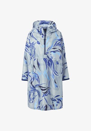 Lichte, met capuchon uitgeruste regenponcho in lichtblauw met donkerblauwe en grijze paardenpatronen. Voorzien van een voorzak en een halve rits.