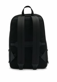 Black backpack with padded mesh back panel, dual adjustable straps, zippered compartments, and reinforced bottom for durability.
