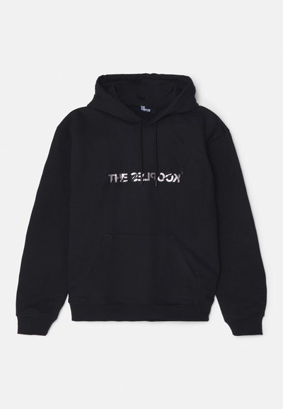 Black hoodie made of soft, thick fabric. Features a front pocket, drawstring hood, and metallic-text logo at the center.