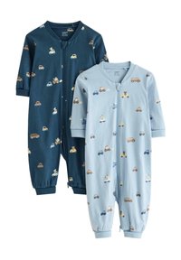 Δύο παιδικά φορμάκια με φερμουάρ από απαλό βαμβάκι, ένα σκούρο μπλε με ζωάκια και αυτοκίνητα, το άλλο ανοιχτό μπλε με παρόμοια σχέδια.