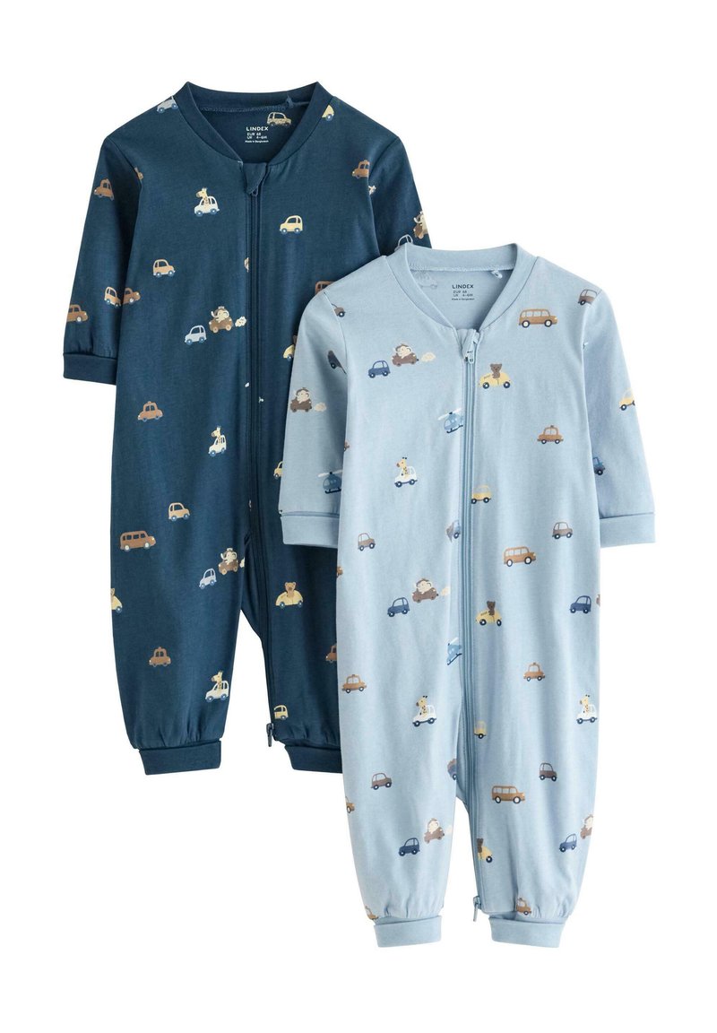 Δύο παιδικά φορμάκια με φερμουάρ από απαλό βαμβάκι, ένα σκούρο μπλε με ζωάκια και αυτοκίνητα, το άλλο ανοιχτό μπλε με παρόμοια σχέδια.