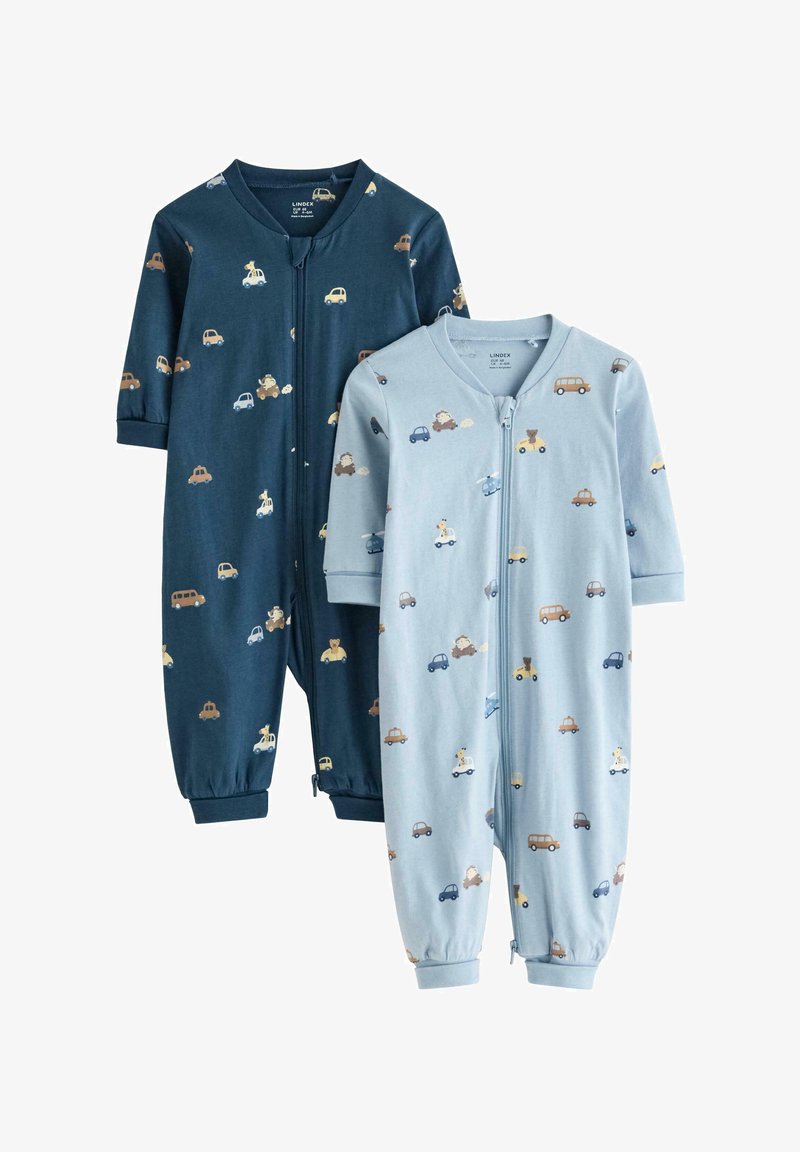 Zwei Kinder-Überzieher aus weicher Baumwolle mit Reißverschluss, einer in Marineblau mit Tier- und Auto-Motiven, der andere hellblau mit ähnlichen Mustern.