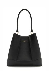 Black leather tote bag with structured shape, featuring gold accents and a logo. Smooth texture with a wide, comfortable handle.