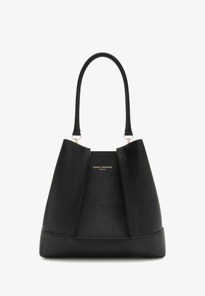 Schwarze Leder-Umhängetasche mit strukturierter Form, ausgestattet mit goldenen Akzenten und einem Logo. Glatte Textur mit einem breiten, bequemen Griff.