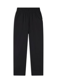 Pantaloni neri leggeri con vita elasticizzata e gambe affusolate. Presentano tasche laterali e un logo discreto sul davanti.