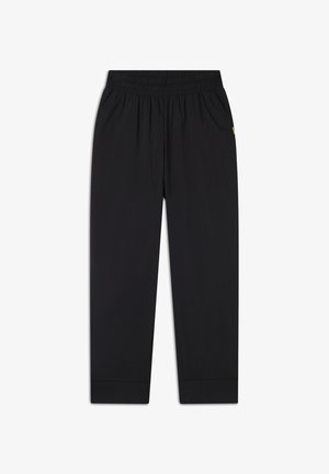 Pantaloni neri leggeri con vita elasticizzata e gambe affusolate. Presentano tasche laterali e un logo discreto sul davanti.