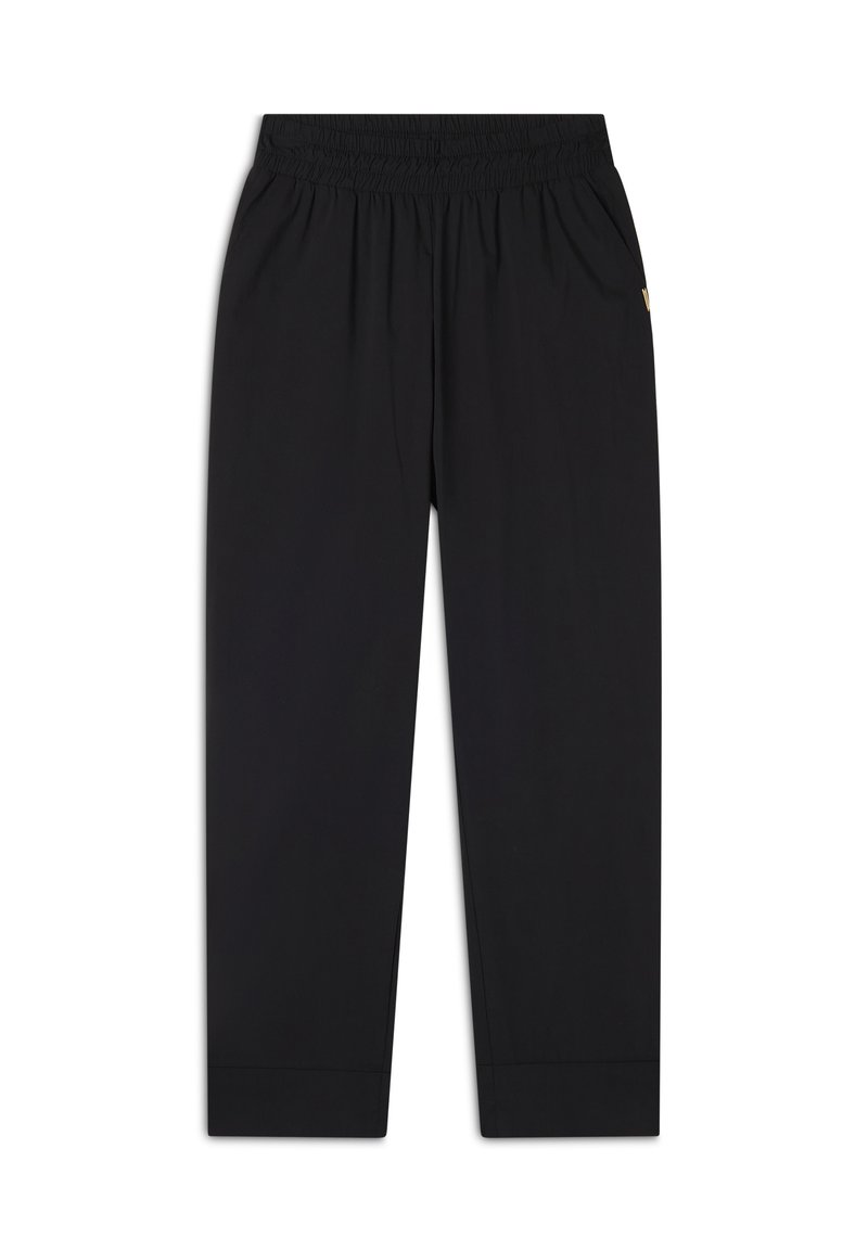 Pantaloni neri leggeri con vita elasticizzata e gambe affusolate. Presentano tasche laterali e un logo discreto sul davanti.