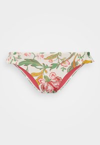 Parte de baixo de biquíni com padrão floral em fundo creme, apresentando detalhes em rosa, verde e amarelo. Cintura elástica com acabamentos em vermelho contrastante.