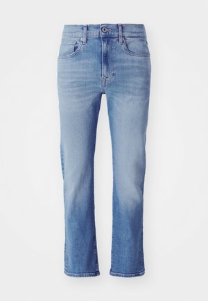 Sinised sirge säärega teksapüksid ees olevate nuppu ja tõmblukuga, ees- ja tagataskutega ning pleekinud pesuga detailidega.