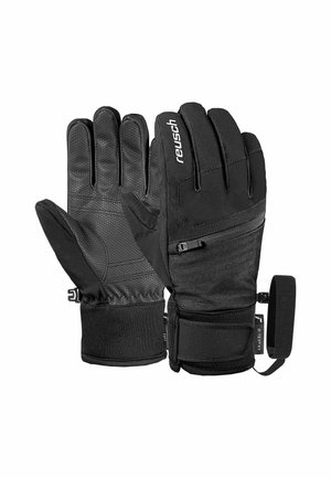 Paar schwarze isolierte Handschuhe mit strukturierten Handflächen, verstellbaren Handgelenksriemen und einer kleinen Reißverschlusstasche auf der Rückseite eines Handschuhs.