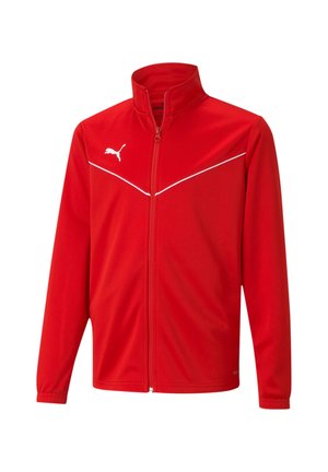 Rote Softshell-Jacke mit Reißverschluss aus glattem Stoff, die weiße Akzentlinien und ein Logo auf der oberen linken Seite aufweist. Klassisches Kragen-Design.