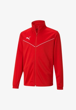 Veste zippée rouge en tissu lisse avec des lignes d'accentuation blanches et un logo sur le côté supérieur gauche. Design de col classique.