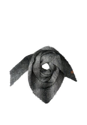 Soft textured dark gray woolen scarf folded neatly with a small brown tag on one end against a white background.