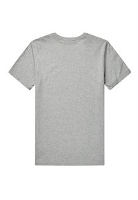 Camiseta cinza de manga curta feita de material suave, apresentando um corte clássico com decote redondo e um design liso nas costas, sem padrões ou gráficos.