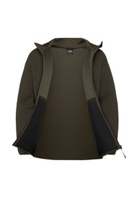 Veste zippée vert olive foncé avec nervures texturées, partiellement ouverte montrant une doublure intérieure lisse et des panneaux en tissu noir à l'intérieur des côtés avant.