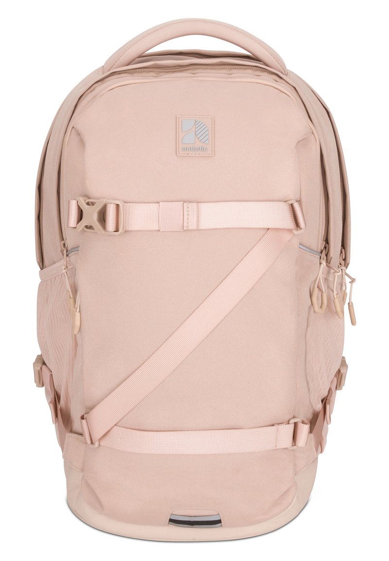 Zaino rosa chiaro realizzato in tessuto resistente, con un design strutturato, spallacci regolabili, diverse tasche con zip e una base rinforzata.