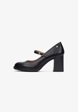 Black leather Mary Jane-style pump with a rounded toe, ankle strap featuring a gold buckle, and a chunky black heel.