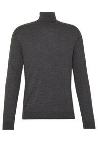 Dunkelgrauer Rollkragenpullover mit langen Ärmeln, aus weichem Strickmaterial gefertigt, mit engem Hals und gerippten Bündchen und Saum.