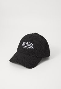 Black cap made of textured, fuzzy material with a curved brim. Features white embroidered logo reading "Von Dutch Originals."