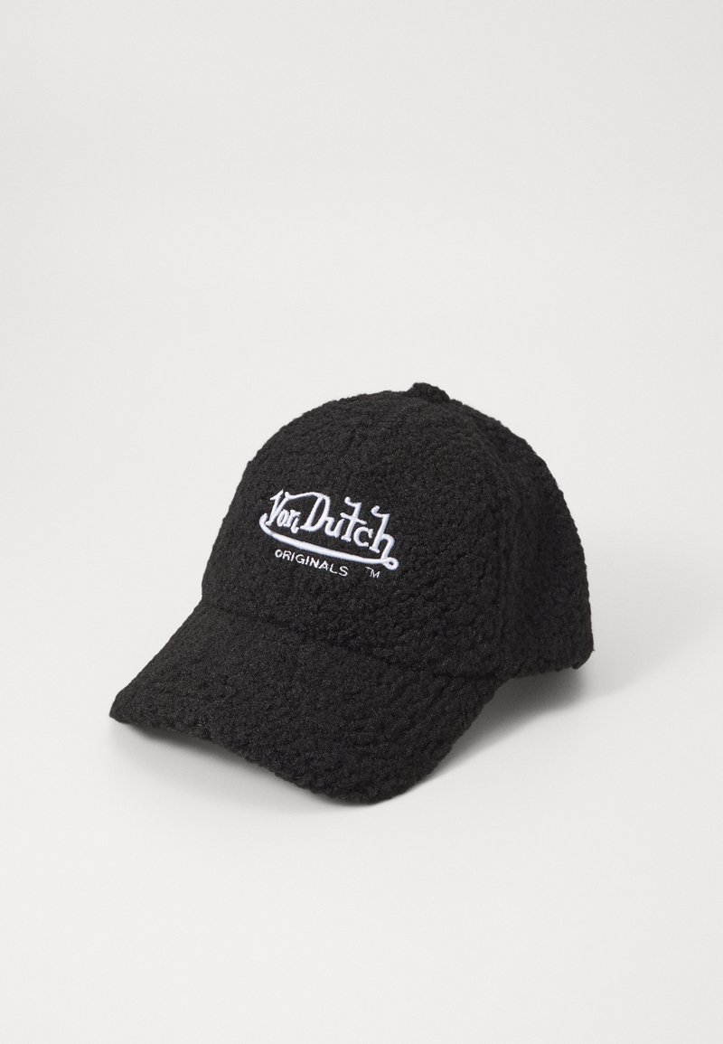 Căciulă neagră din material texturat și pufoș, cu o margine curbată. Prezintă un logo brodat alb care spune "Von Dutch Originals."