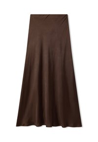 Gonna lunga marrone in tessuto liscio, presenta un design dritto con una silhouette fluida e una sottile lucentezza, senza motivi o accessori visibili.