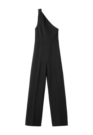 Combinaison noire asymétrique sans manches avec pantalon à jambes larges et détail noué sur l'épaule.