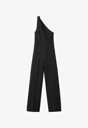 Mono negro de un solo hombro sin mangas con pantalones de pierna ancha y un detalle de nudo en el hombro.