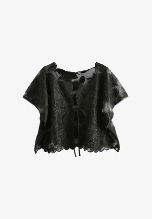 Crna kratka čipkasta bluza s cvjetnim vezom, kratkim rukavima, nazubljenim rubovima i vezanjem sprijeda.