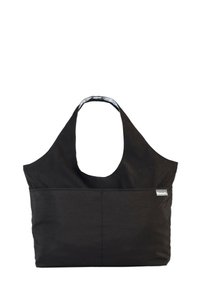 Schwarze Stofftasche mit einem breiten Schultergurt, ausgestattet mit einer Vordertasche und einem gemusterten Innenfutter. Die Tasche hat ein einfaches, unstrukturierte Design.