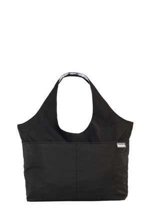 Schwarze Stofftasche mit einem breiten Schultergurt, ausgestattet mit einer Vordertasche und einem gemusterten Innenfutter. Die Tasche hat ein einfaches, unstrukturierte Design.