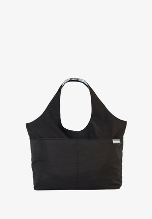 Black fabric tote bag with a wide neck strap, featuring a front pocket and a patterned interior. The bag has a simple, untextured design.