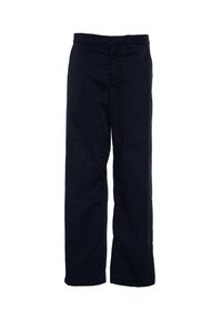 Navy blue cotton trousers with a straight leg design, featuring a waistband and belt loops, no visible pockets or patterns.