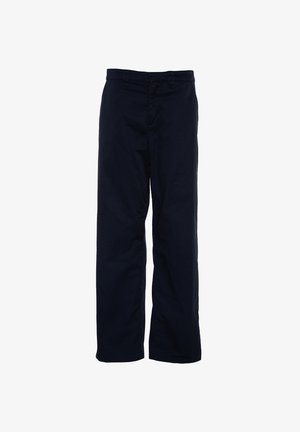 Navy blue cotton trousers with a straight leg design, featuring a waistband and belt loops, no visible pockets or patterns.