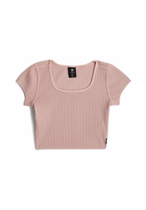 Crop top court à manches courtes côtelé rose clair avec encolure carrée et une étiquette de taille noire à l'intérieur du col.