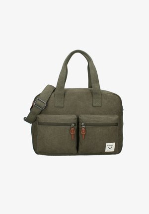 Olivengrøn canvas taske med to frontlomme med lynlås, to håndtag og en justerbar skulderrem. Hvidt mærke på nederste højre lomme.