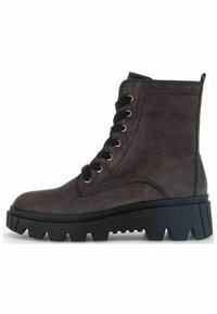 Black faux leather ankle boots with rugged lace-up front, textured surface, cushioned sole, and thick black rubber tread.