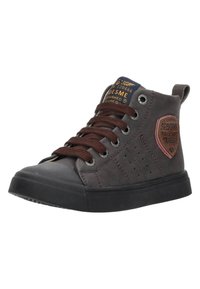 Hoge sneakers in donkergrijs canvas met bruine veters, rubberen neuskap en een leren logo-patch op de zij, met geperforeerde details.
