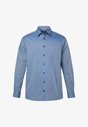 Lyseblå langærmet skjorte med knapper lavet af blødt stof, med brystlomme og mørkeblå knapper, samt en almindelig krave.