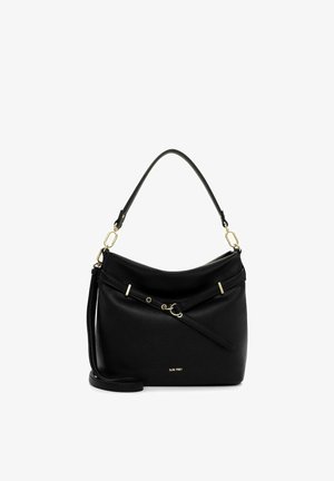 Zwarte leren handtas met een zachte textuur, gouden metalen accenten, een afgeronde bovenkant en een afneembare crossbodyriem. Voorzien van een logo aan de voorkant.