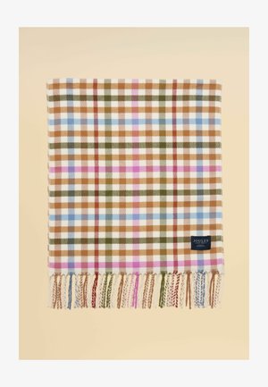 Weicher Wollschal mit mehrfarbigem Karomuster in Braun, Grün, Blau, Pink und Creme, mit gedrehten Fransen und einem kleinen, marineblauen Markenetikett.