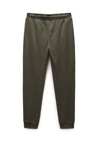 Olivgrüne Sweatpants mit einem elastischen Bund und Bündchen, gefertigt aus einem weichen, glatten Stoff und in einem schlichten, tapered Design.