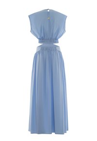 Robe maxi bleu clair avec une taille cintrée, des manches courtes et une texture froncée. Dotée d'un dos en forme de œillet et d'une jupe fluide. Tissu léger.