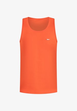 Pomarańczowy bezrękawnik wykonany z gładkiego materiału, z okrągłym dekoltem i małym logotypem na klatce piersiowej.