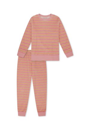 Striped long-sleeve top and pants pajama set in pink, orange, and white with ribbed cuffs and hem.