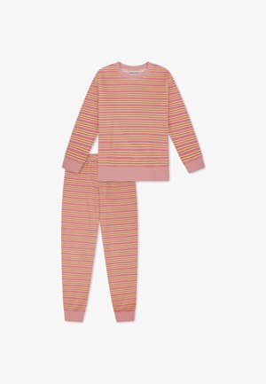 Gestreifter Pyjama mit langärmligem Oberteil und Hose in Pink, Orange und Weiß mit gerippten Bündchen und Saum.