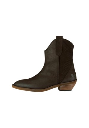 Stivale alla caviglia in pelle marrone con punta quadrata, cuciture decorative sui lati e tacco basso impilato. Dotato di linguette integrate per la trazione.